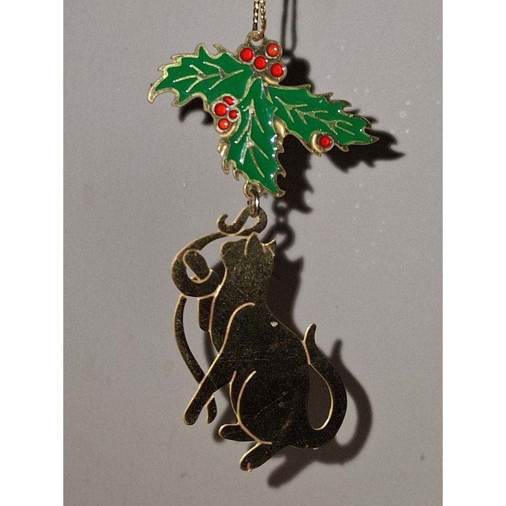 Vintage Rawcliffe 1988 Cat Christmas Ornament Enamel Holly Kitty Holiday Decor